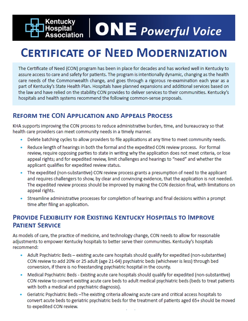 Certificate of Need Modernization one-sheet