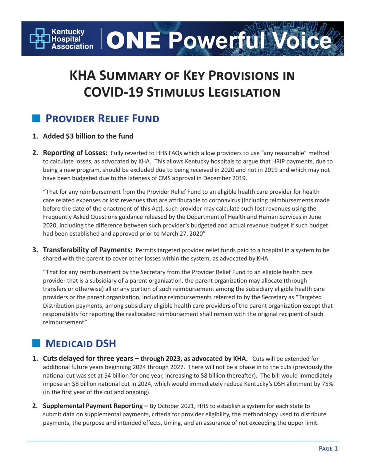 KHA Summary of Key Provisions in COVID-19 Stimulus Legislation one-sheet