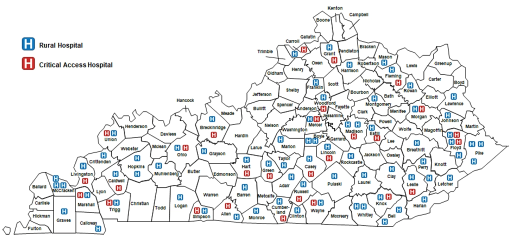 Map showing location of small and rural hospitals in Kentucky
