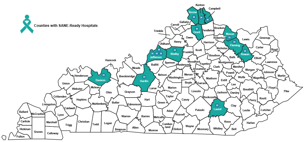 Map of Kentucky with SANE-ready hospitals highlighted