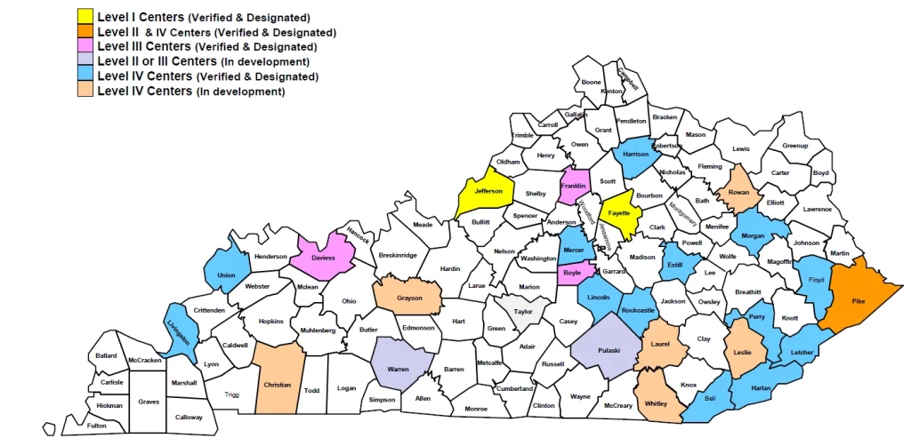 Map of Kentucky with trauma systems highlighted