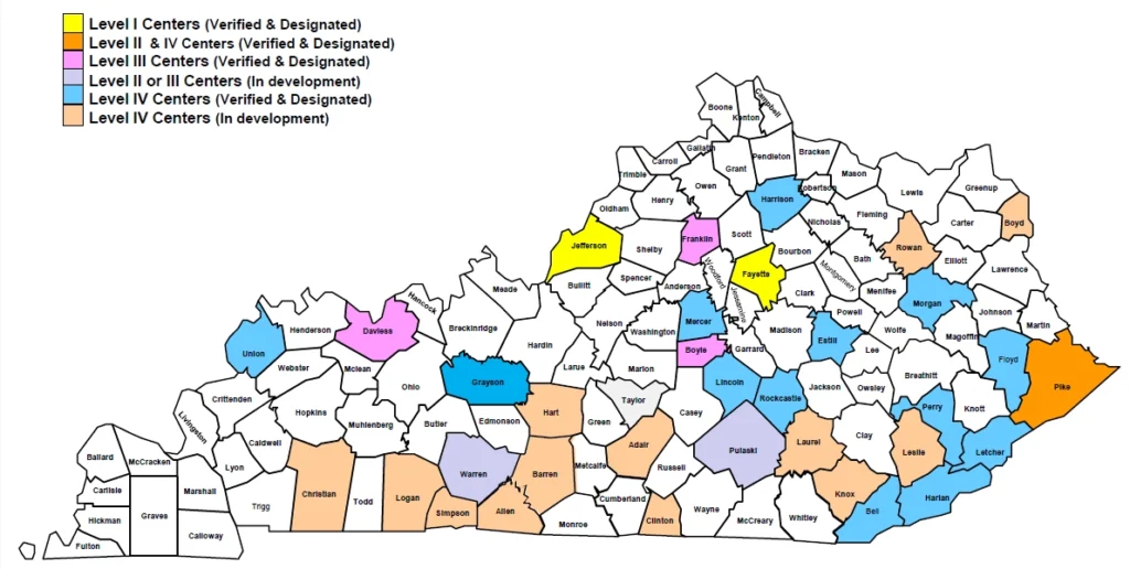 Map of Kentucky with trauma systems highlighted