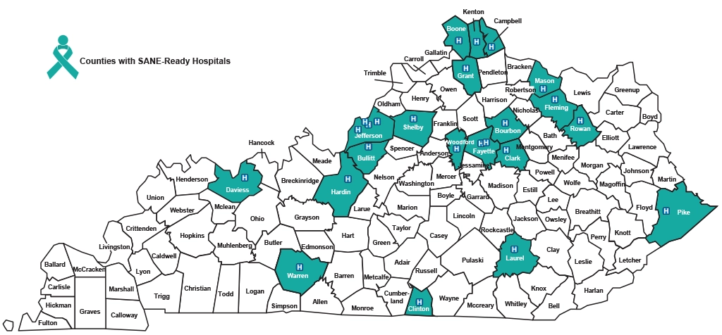 Map of Kentucky with SANE-ready hospitals highlighted