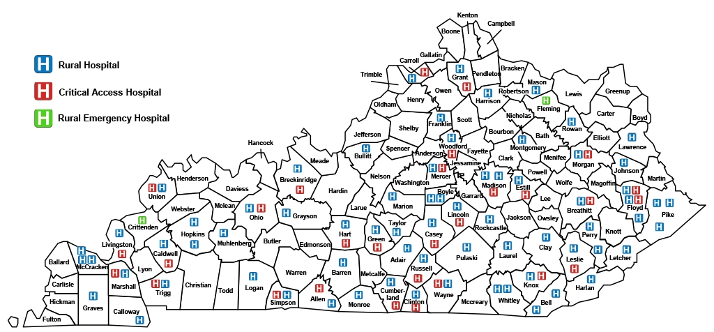 Map showing location of small and rural hospitals in Kentucky
