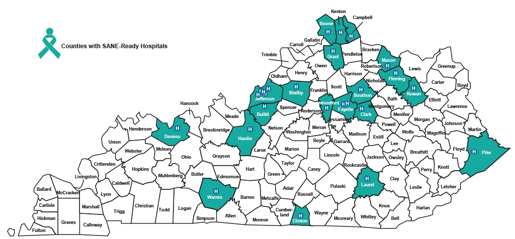 Map of Kentucky with SANE-ready hospitals highlighted