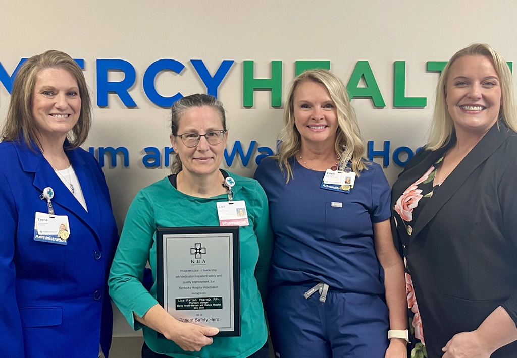 Trena Stocker, President of Mercy Health Marcum and Wallace Hospital; Lisa Patton, Pharmacy Manager for Mercy Health Marcum and Wallace Hospital; Ellen Stotts, Director of Nursing for Mercy Health Marcum and Wallace Hospital; Casey Franklin, KHA Associate Vice President of Quality and Health Professions